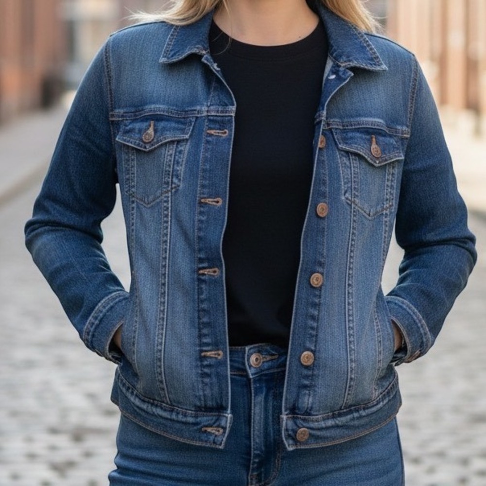 Old Navy Womens Denim Trucker Jacket Medium Wash Blue Stretch Size L Large